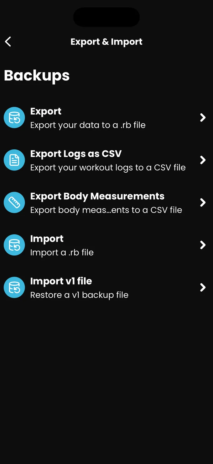 The backups screen with export backup, import backup and CSV export options