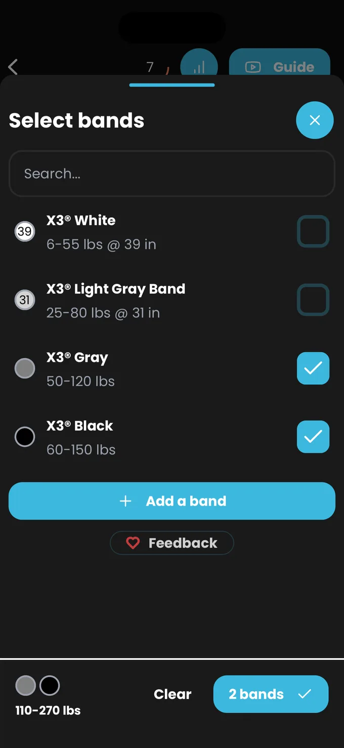 The band picker with several bands selected and a running stack total