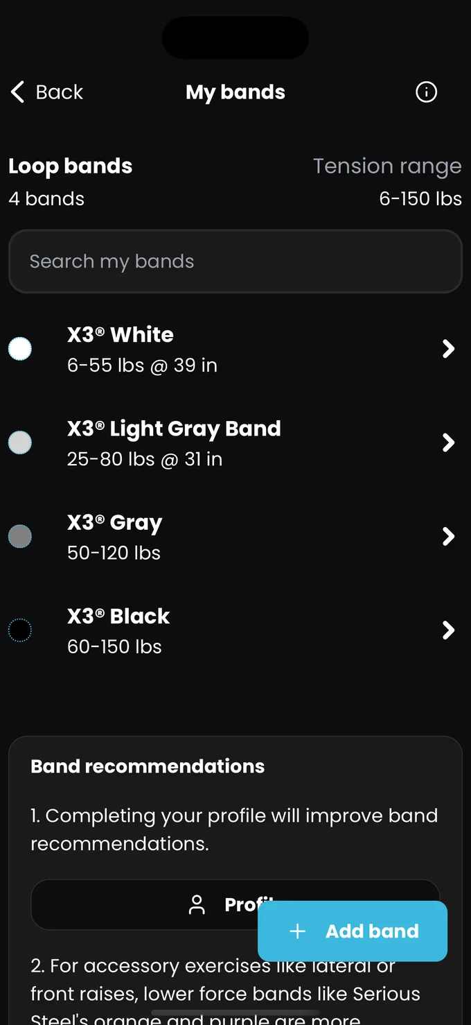 The My bands list showing four loop bands with their tension ranges and lengths