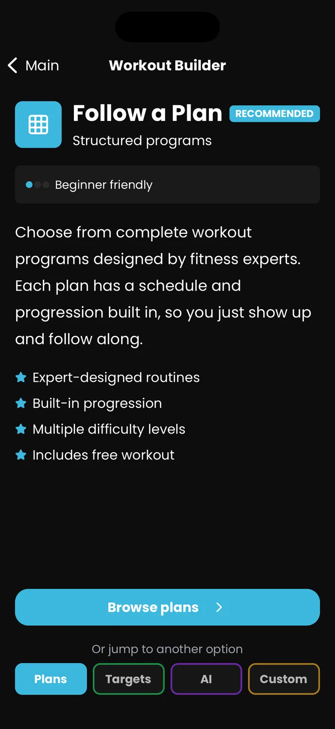 The workout builder offering Follow a Plan, Pick Targets, AI Generator and Build Custom