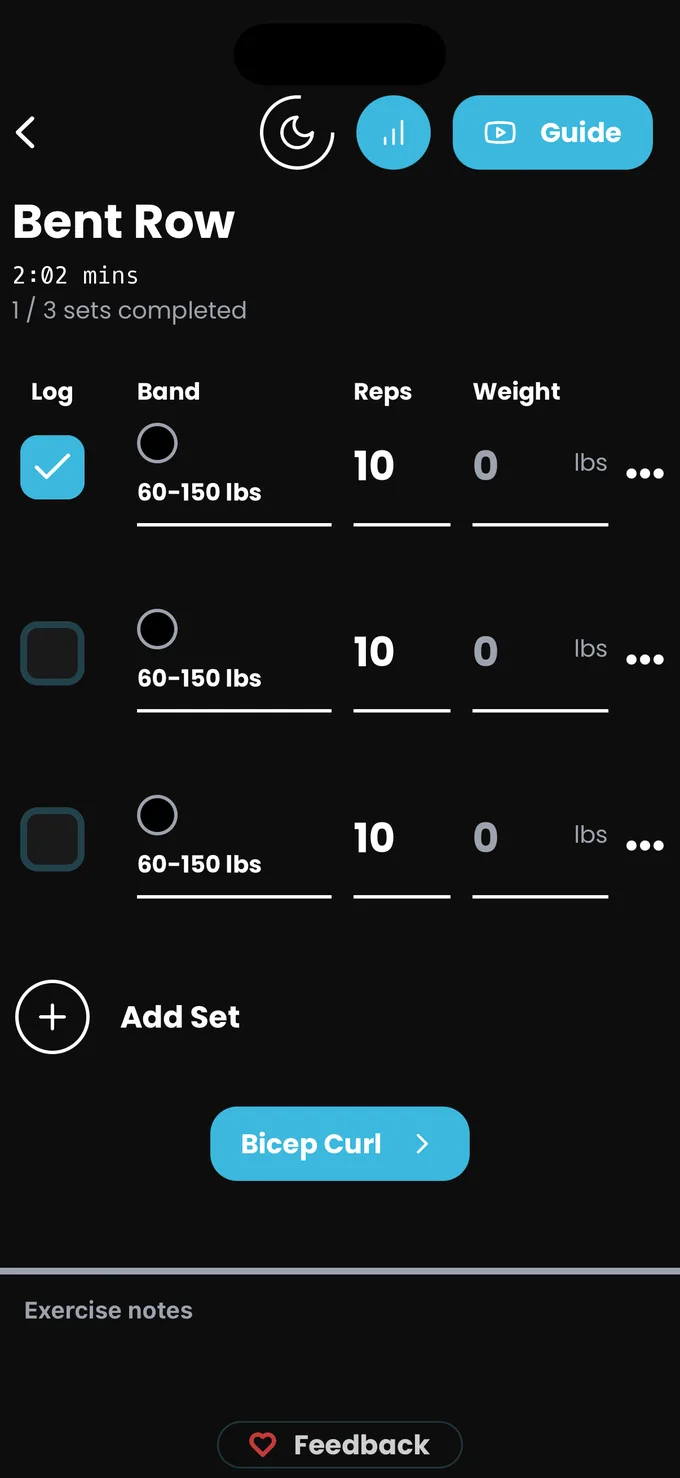 An exercise with three sets, the first checked off, each with a band assigned and the rest timer running