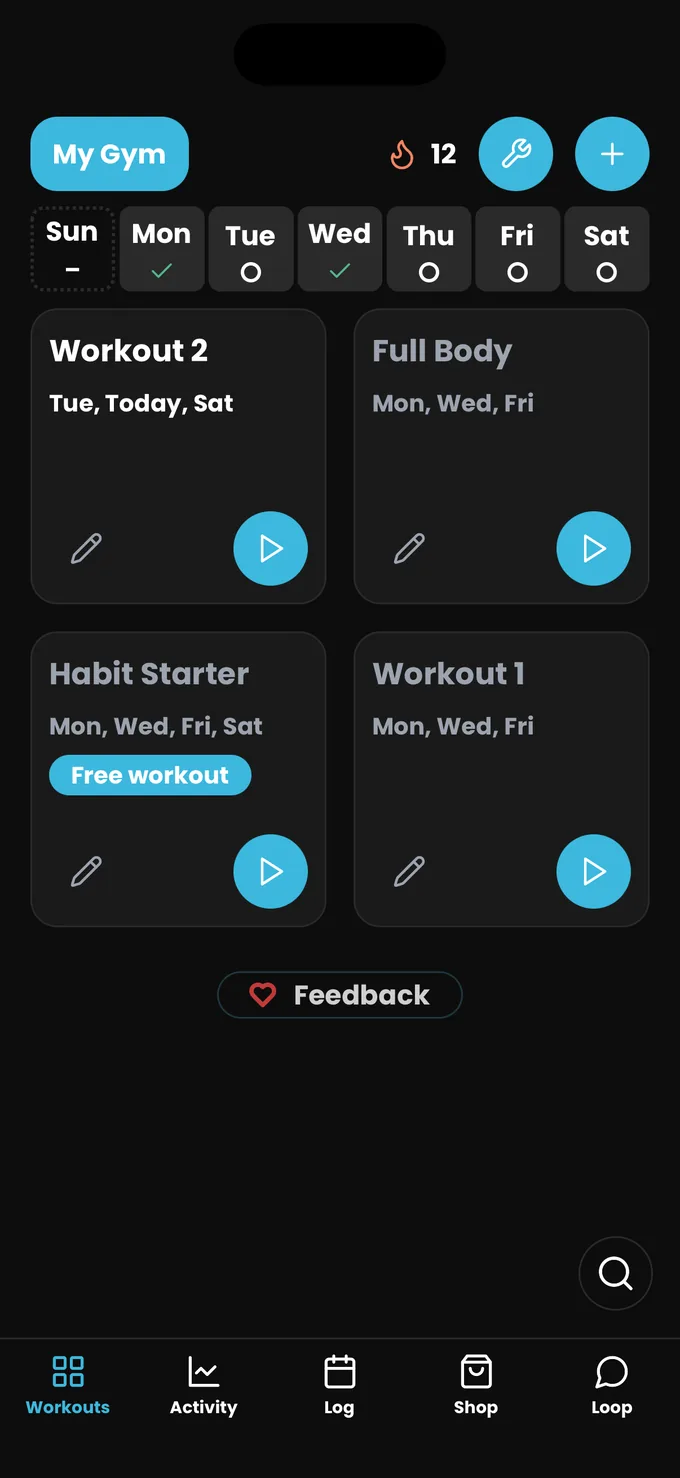 Rubber Bands home screen with a 12-day streak and this week's workouts