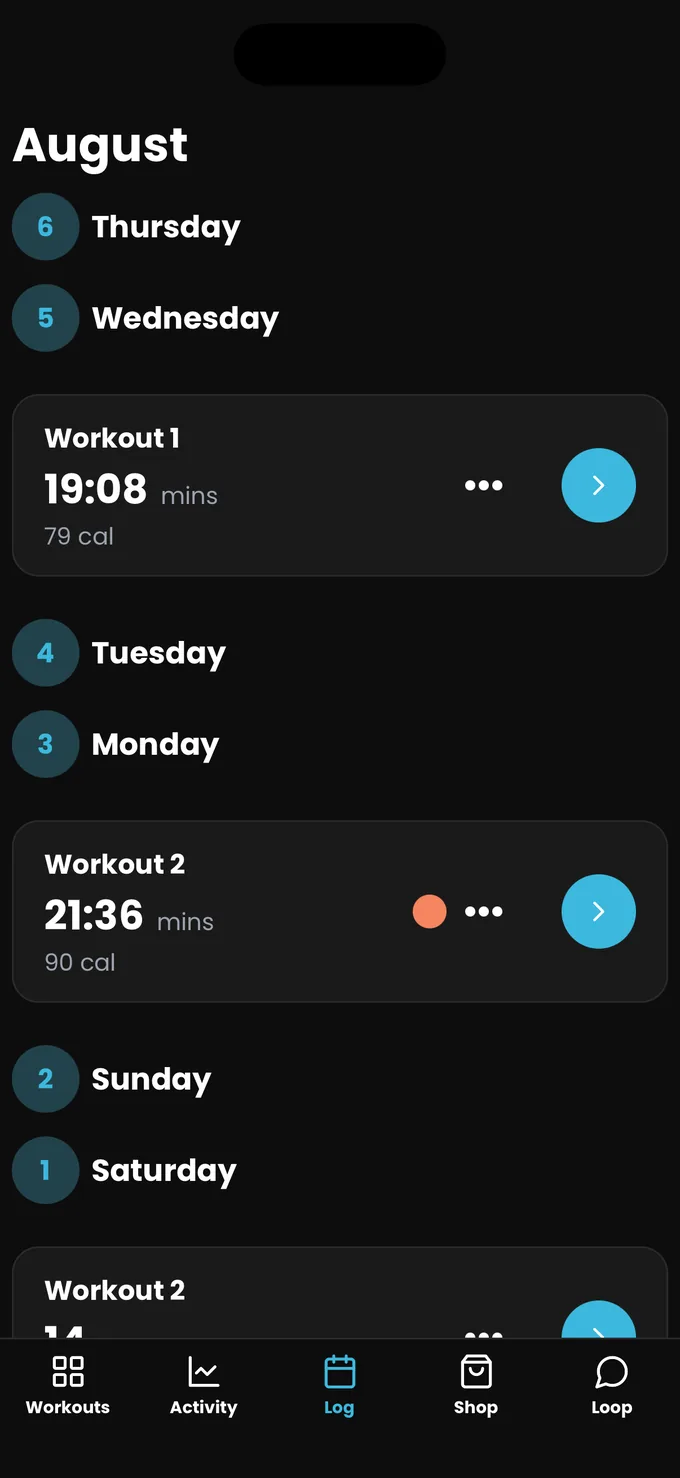 The Log tab listing finished sessions by date with duration and calories