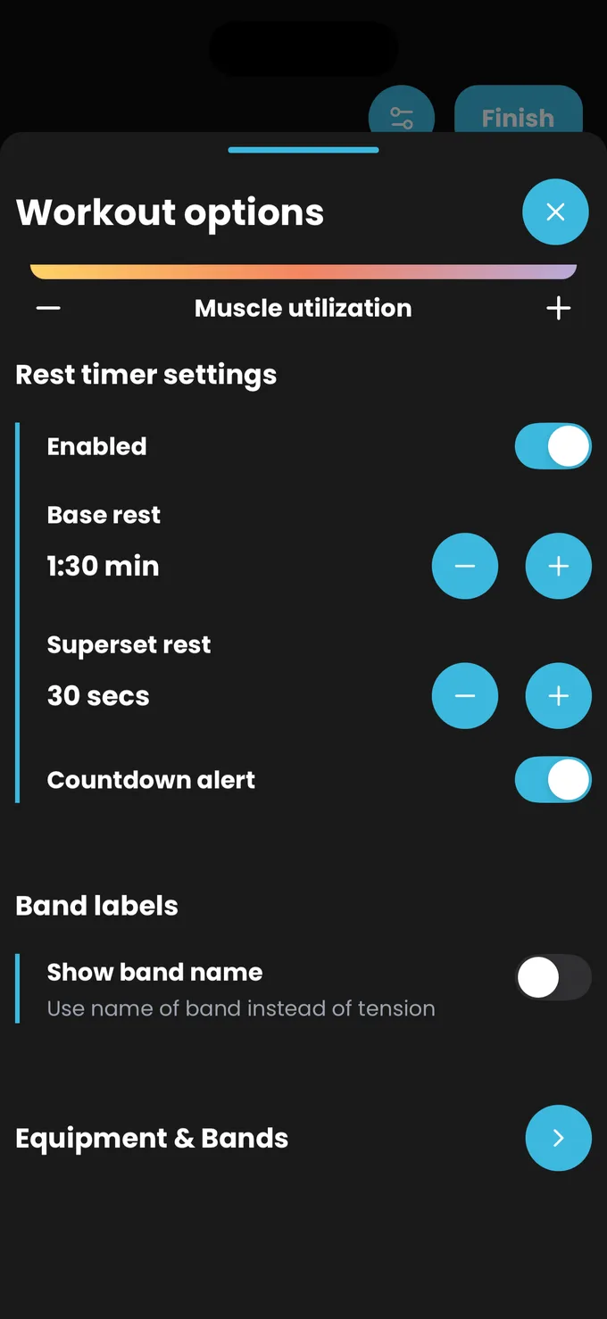 Rest timer settings with base rest, superset rest and the countdown alert switch