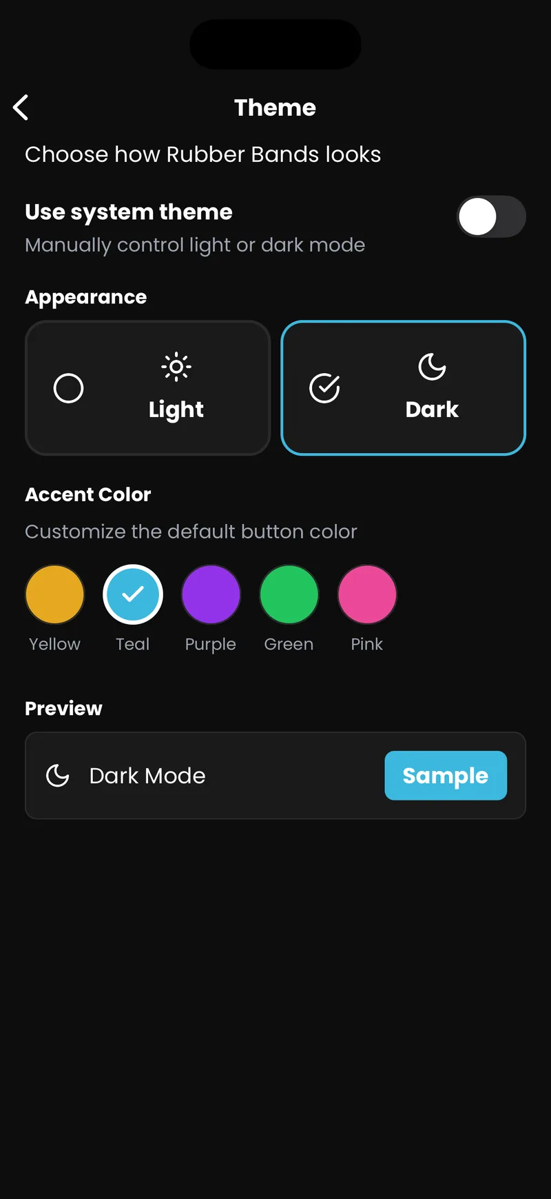 Theme settings with light and dark appearance and five accent colors
