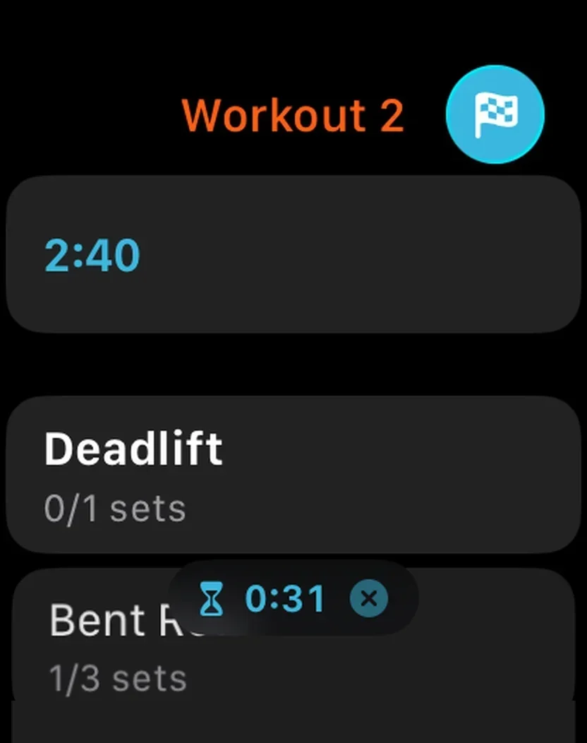 The Rubber Bands watch app showing a live workout with the rest timer running
