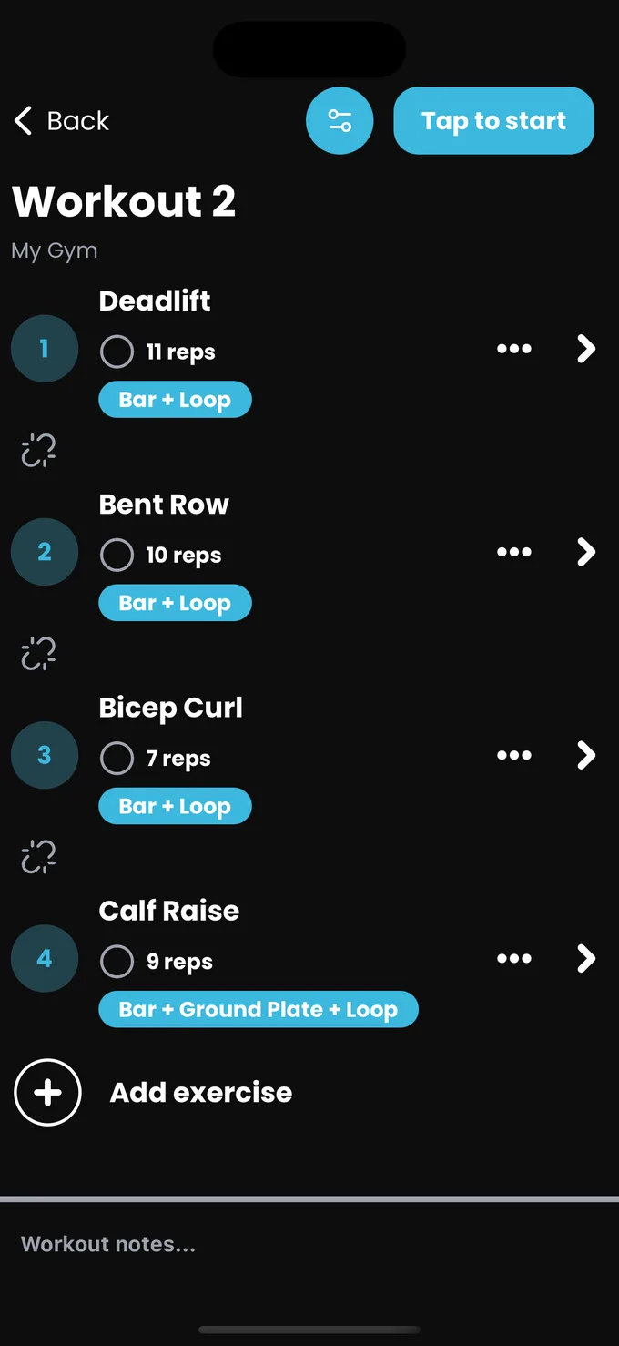 A workout's exercise list with set circles, band labels and chain icons between exercises